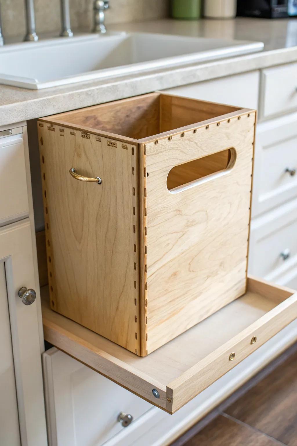 DIY slide-out trash bag dispenser: a clean little box that keeps rolls tidy under the sink.