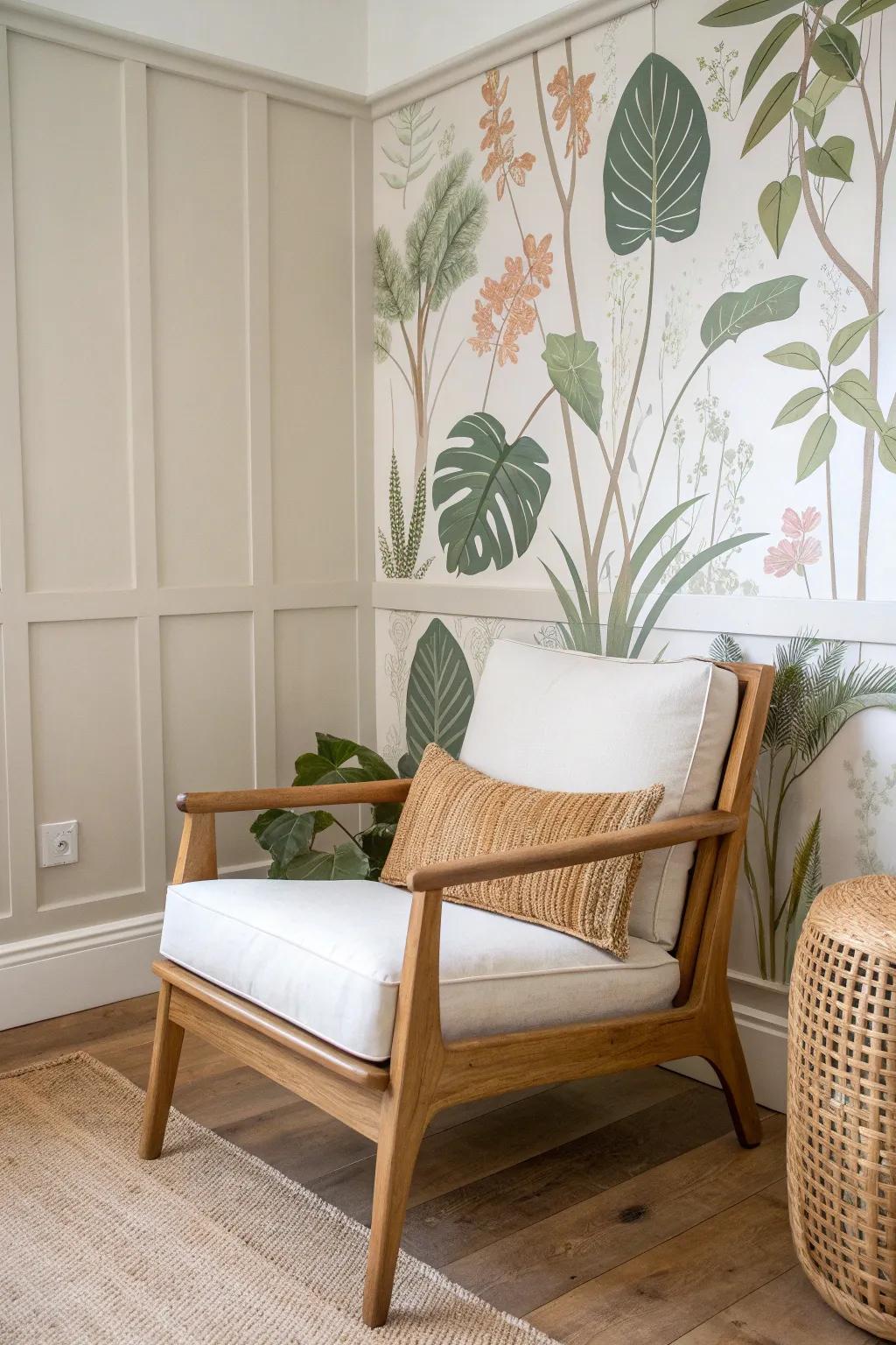 A slim DIY botanical wallpaper panel turns a tiny nook into a dramatic, cozy mini mural.