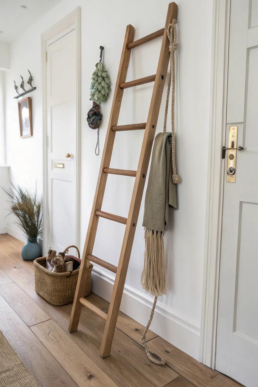 A slim leaning ladder turns leashes into decor—organized, airy, and hallway-friendly.