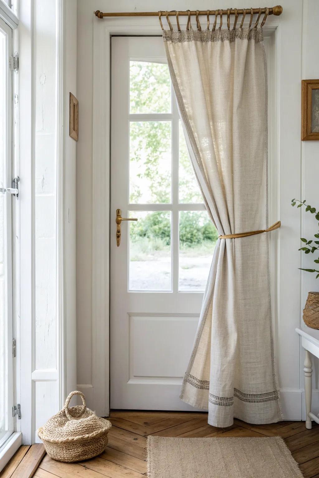 Café curtain half-coverage: privacy below, beautiful daylight above—perfect for bright entry doors.