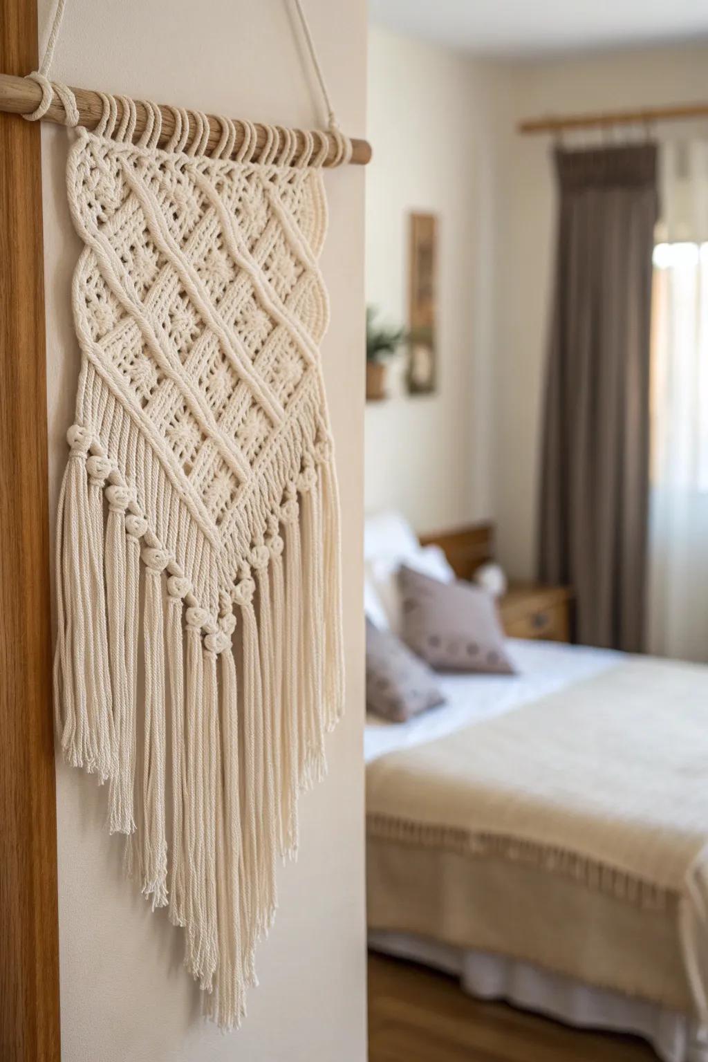 One shared macramé piece ties both sides together—easy coordination without matching everything.