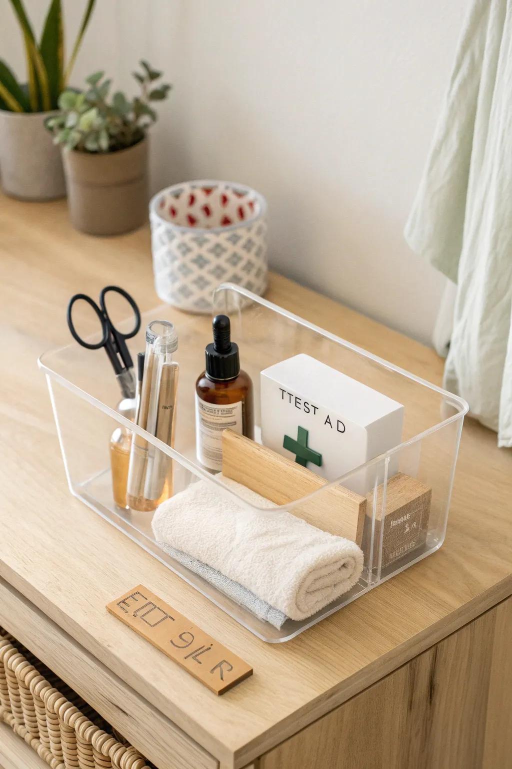 Shared dorm supplies look chic in one clear bin - easy to find, easy to share, zero clutter.