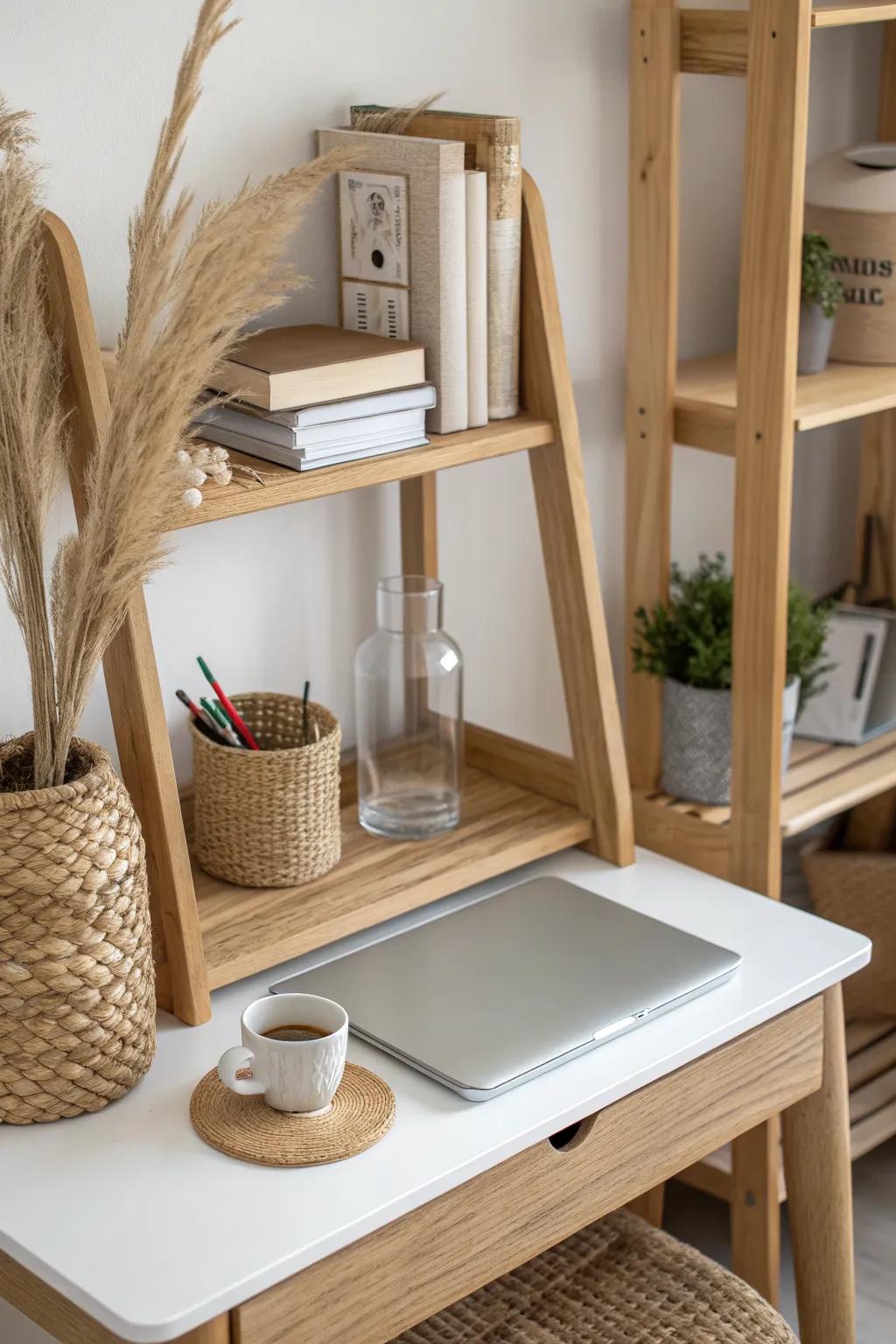 A desktop shelf adds vertical storage so your dorm desk stays clear, calm, and cute.