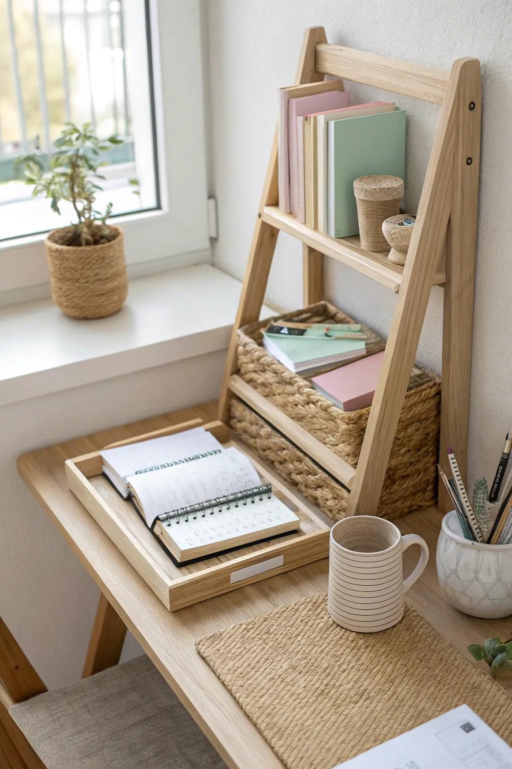 Keep your dorm desk calm with a slim vertical shelf—more storage, less clutter.