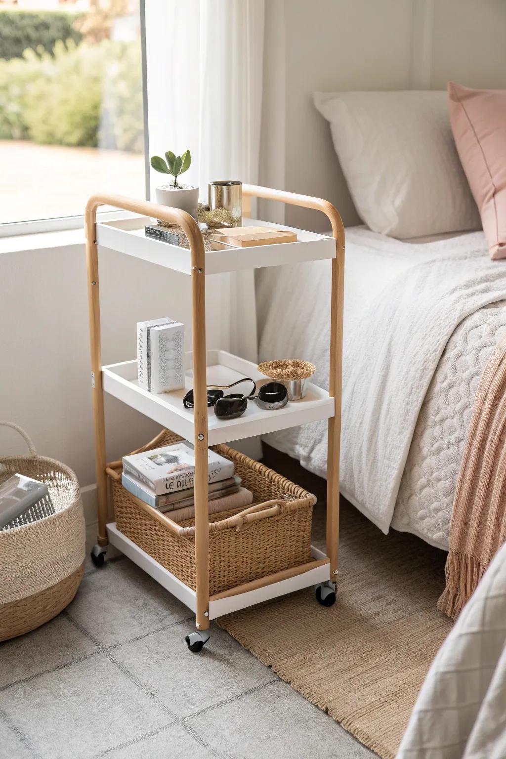Turn the between-beds gap into a shared landing strip with a slim cart that stops floor clutter.