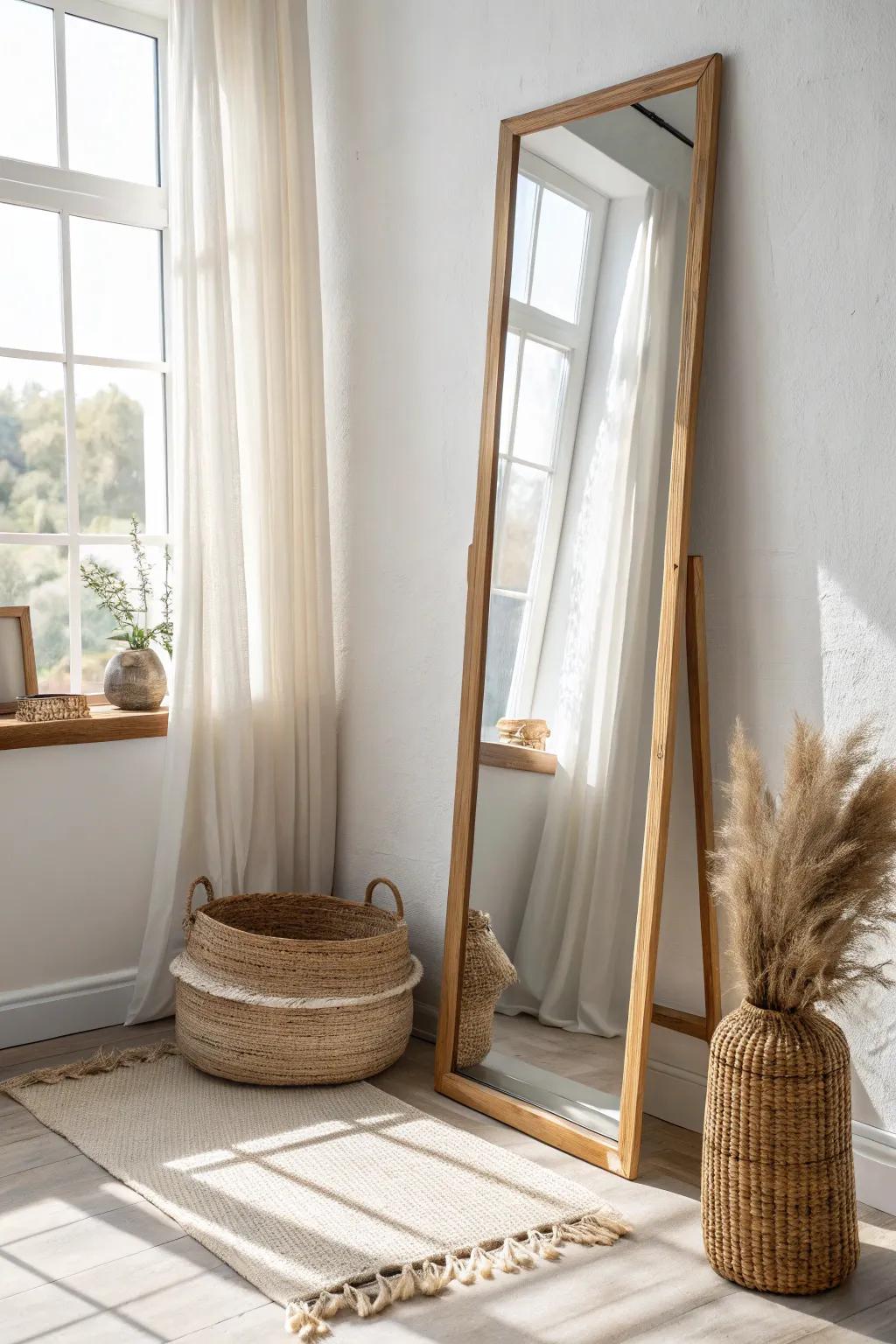 A full-length mirror opposite the window bounces light and makes a tiny dorm feel bigger.