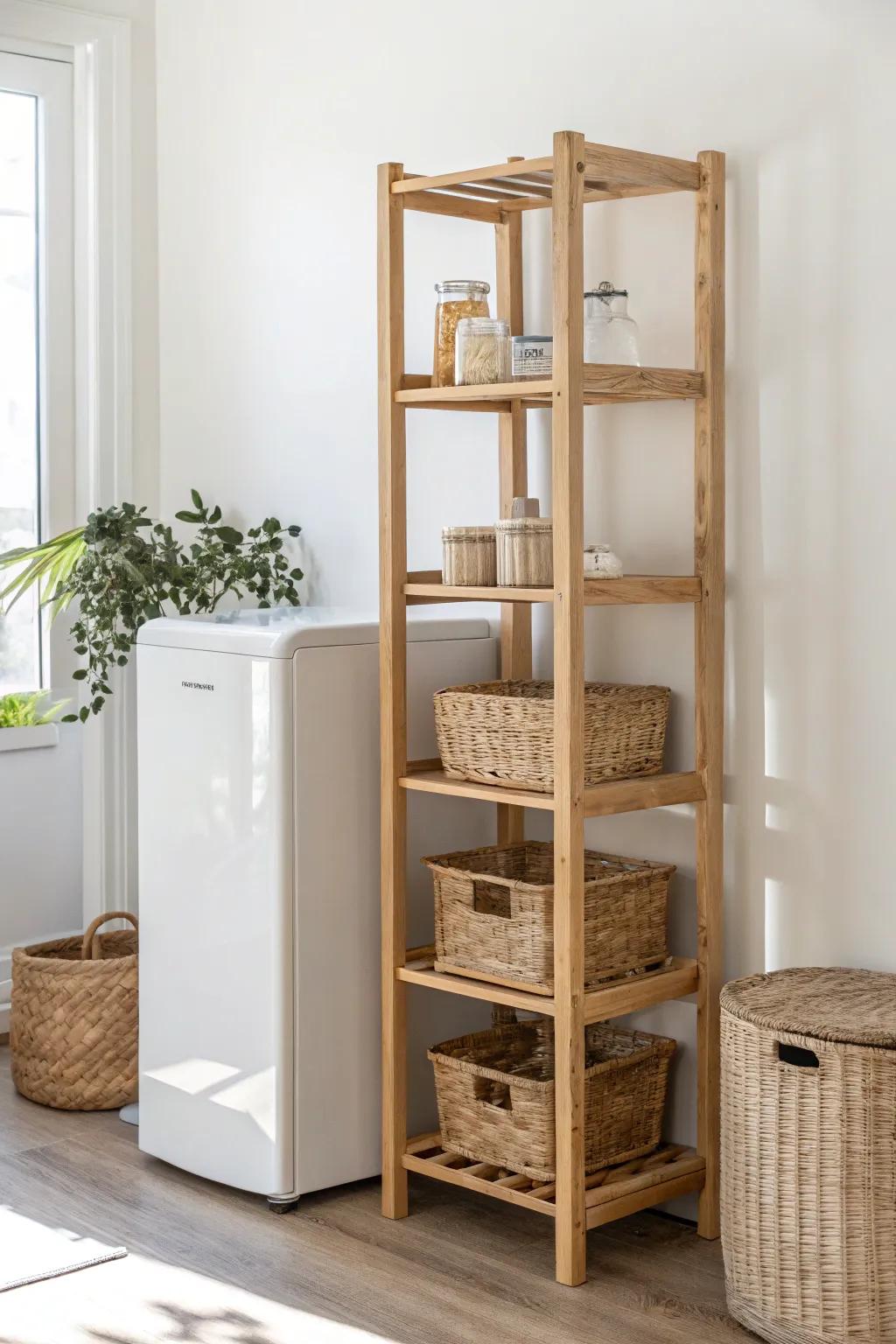 Create a mini kitchen tower by the fridge—one slim shelf keeps snacks and appliances organized.