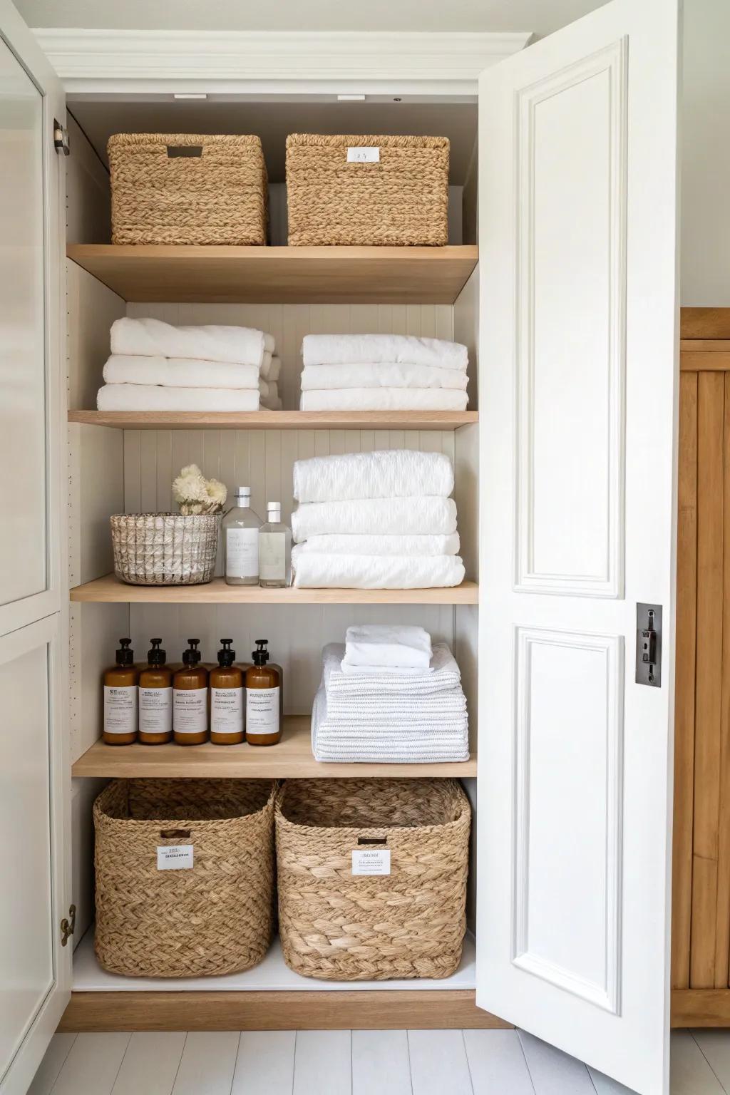 Turn one closet side into a chic utility zone for linens, refills, and paper goods.