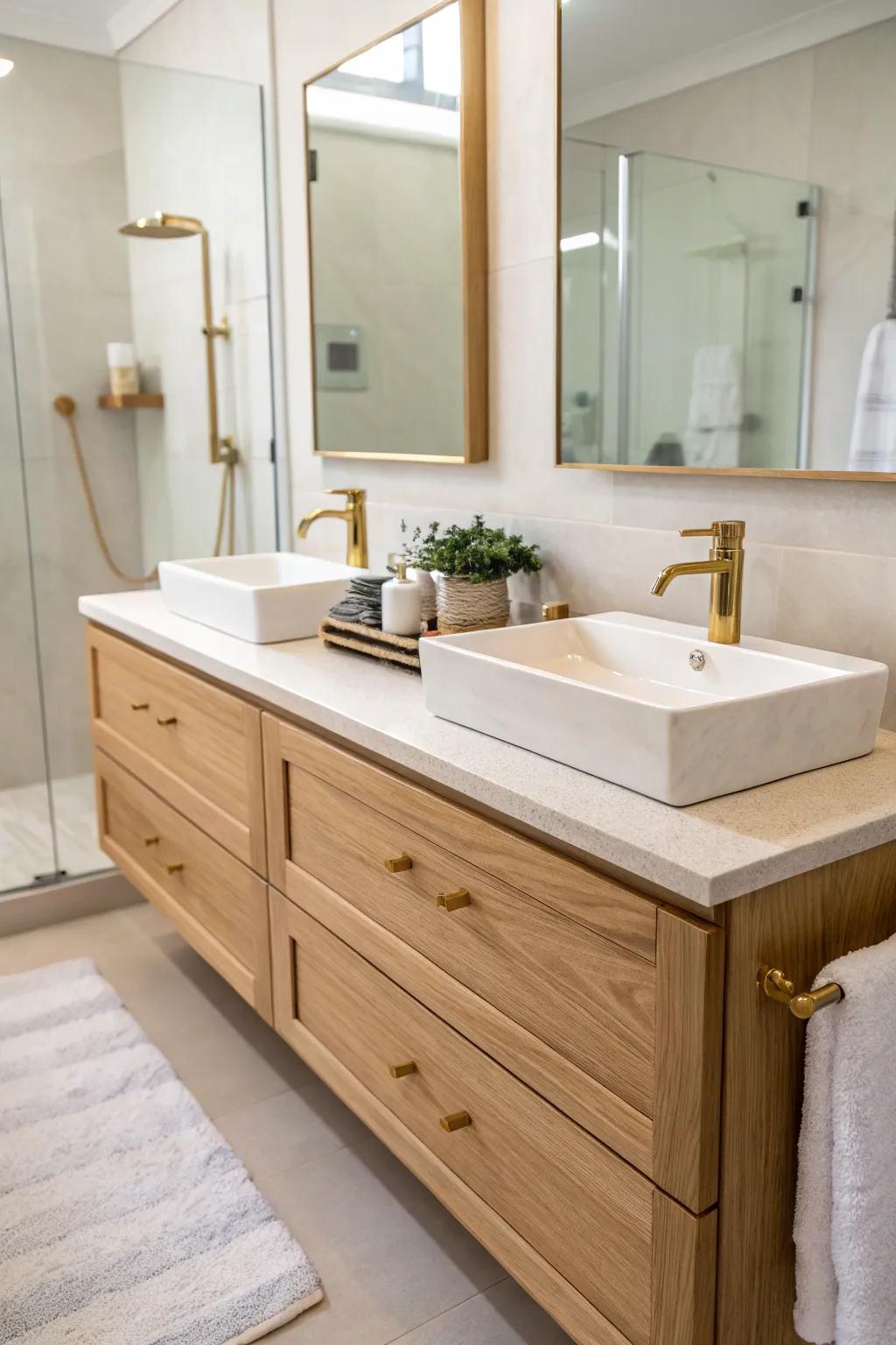 Slim floating double vanity keeps a narrow galley bath airy—shower placed neatly opposite.