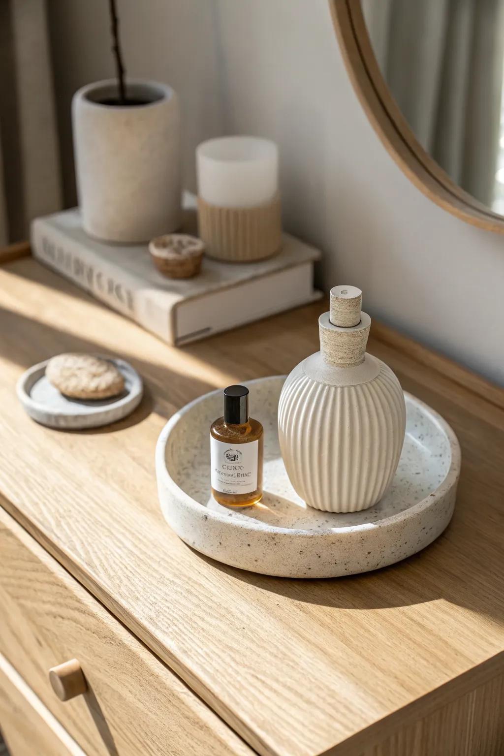 A mini vanity moment: one bottle-shaped beauty on a tray makes any dresser feel curated.