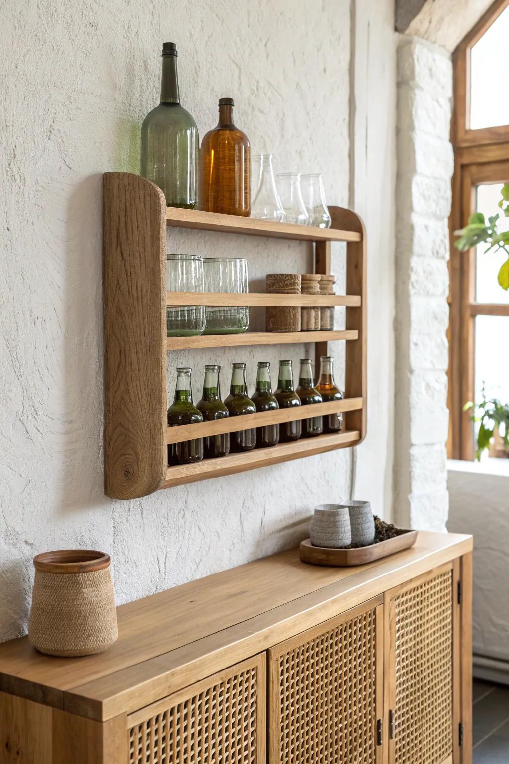 Turn drink storage into décor with a wall-mounted bottle shelf—beautiful, airy, and space-smart.