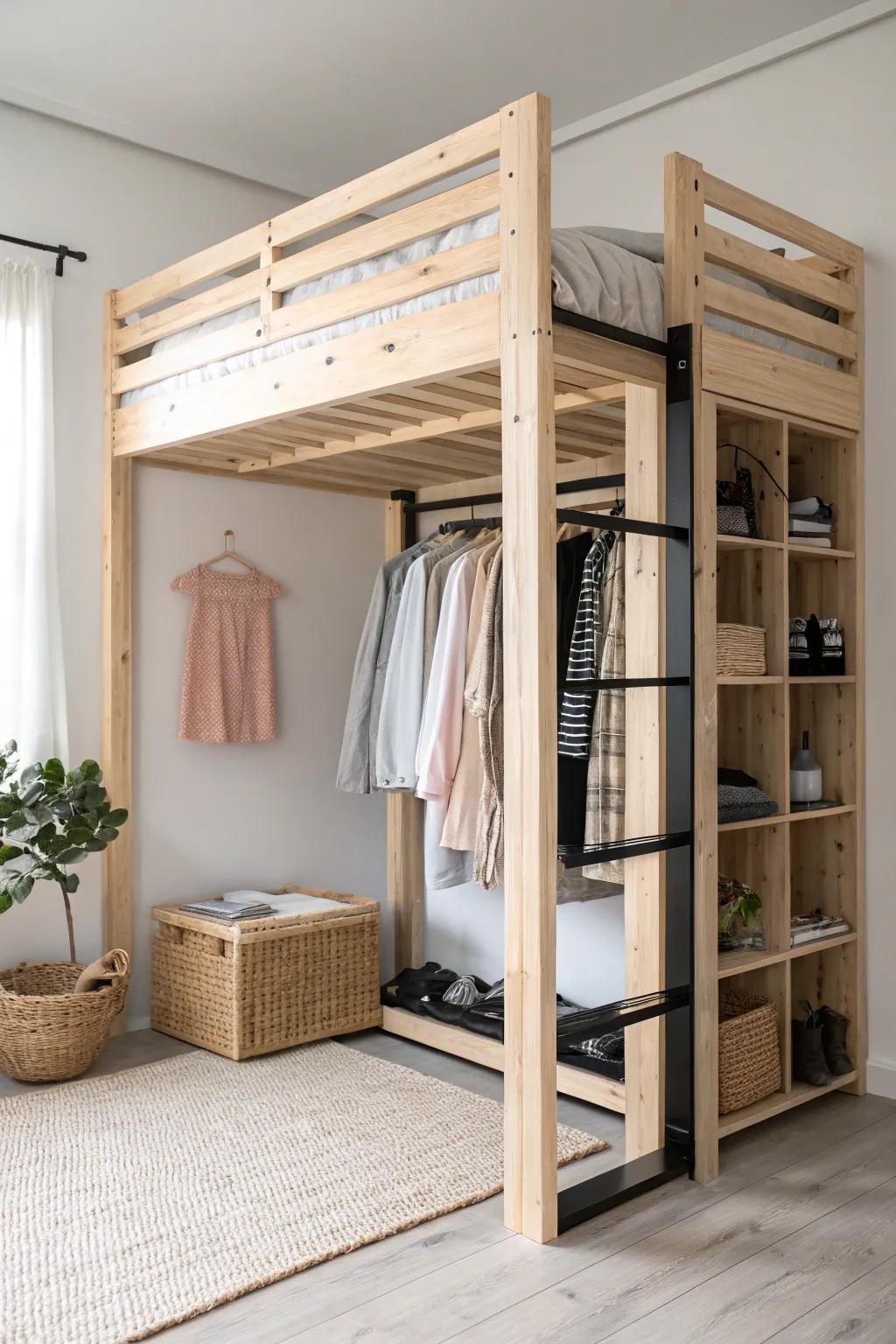 Lofted E-track bed with a walk-in closet underneath—clean, cozy storage for tiny spaces.