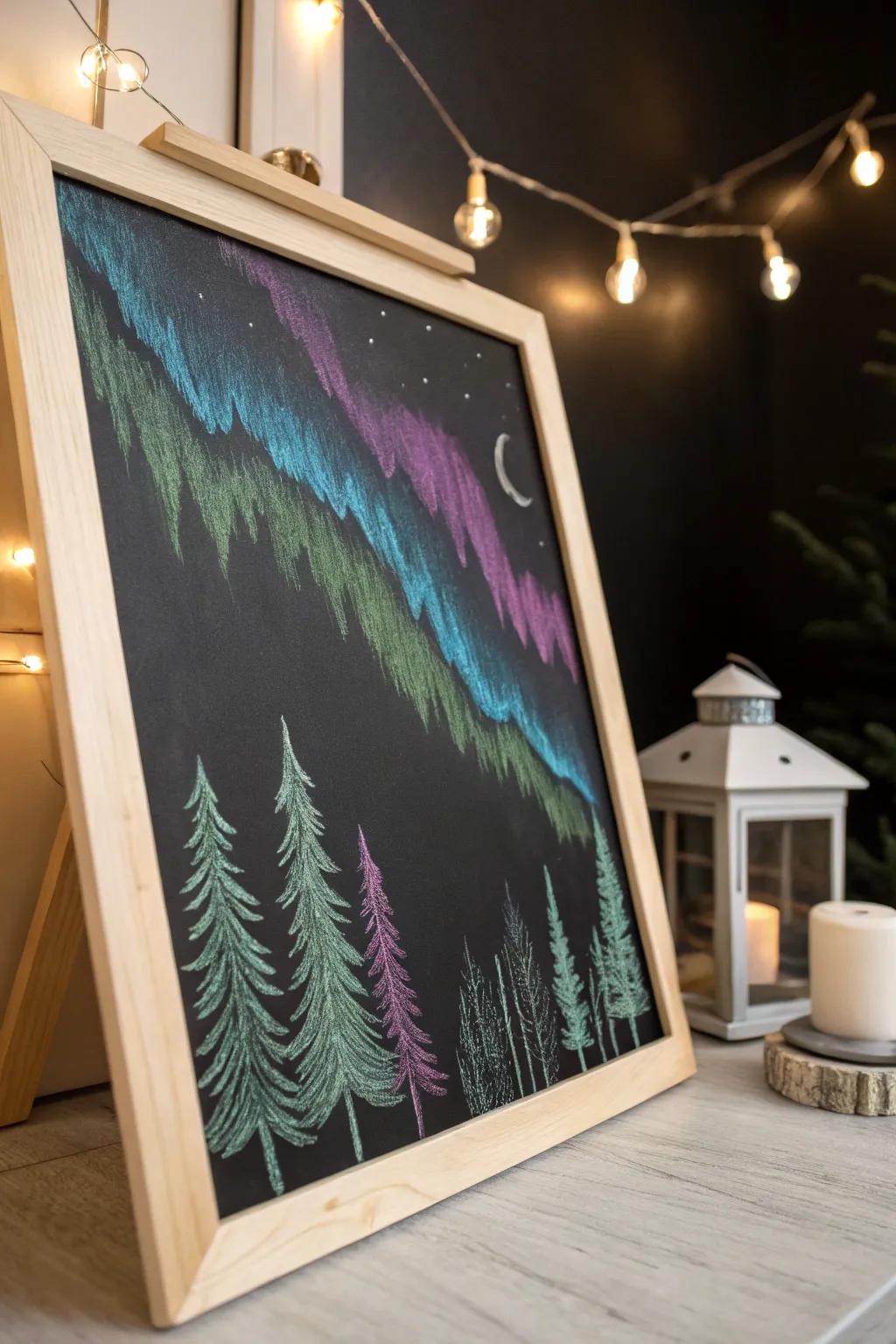 Transform your space with the enchanting glow of northern lights, captured in minimalist chalkboard art.
