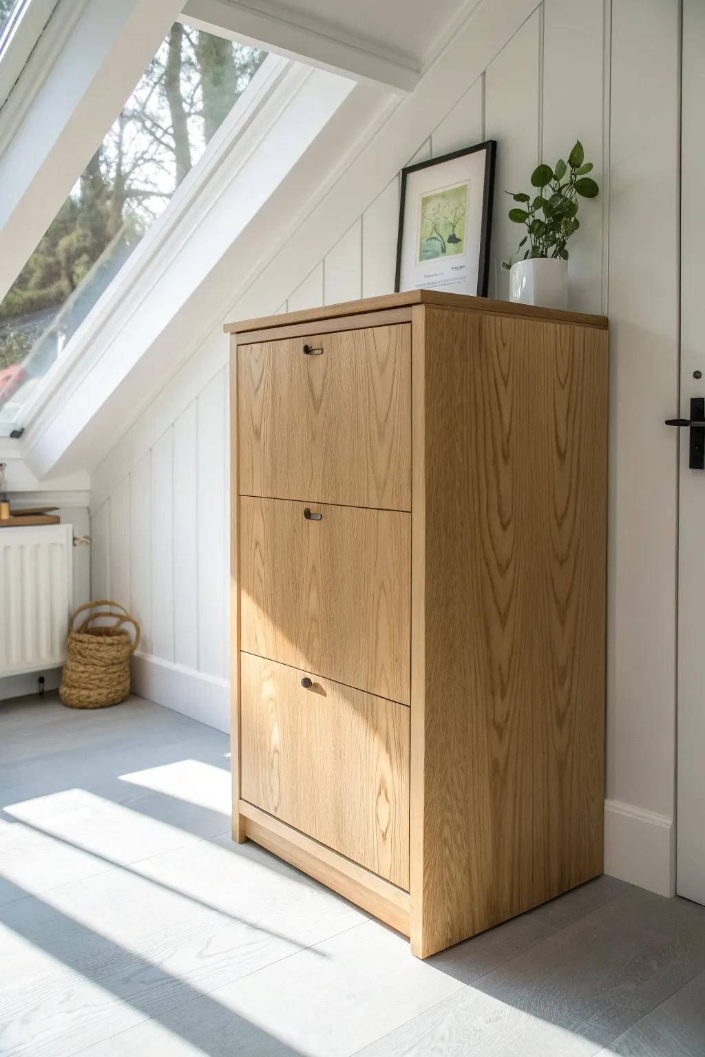 A slim under-eaves filing cabinet hides paperwork fast—so your desk stays calm and clutter-free.