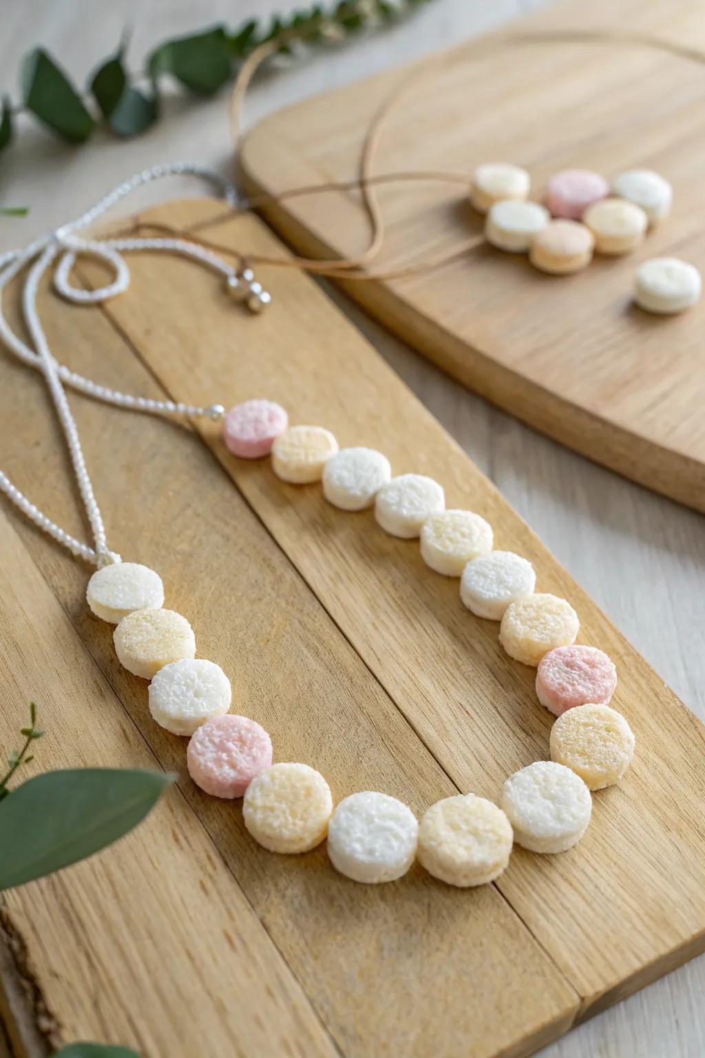 Delight your senses with this crunchy, stylish edible necklace made from mini rice cakes. Perfect for a snack with a touch of elegance!