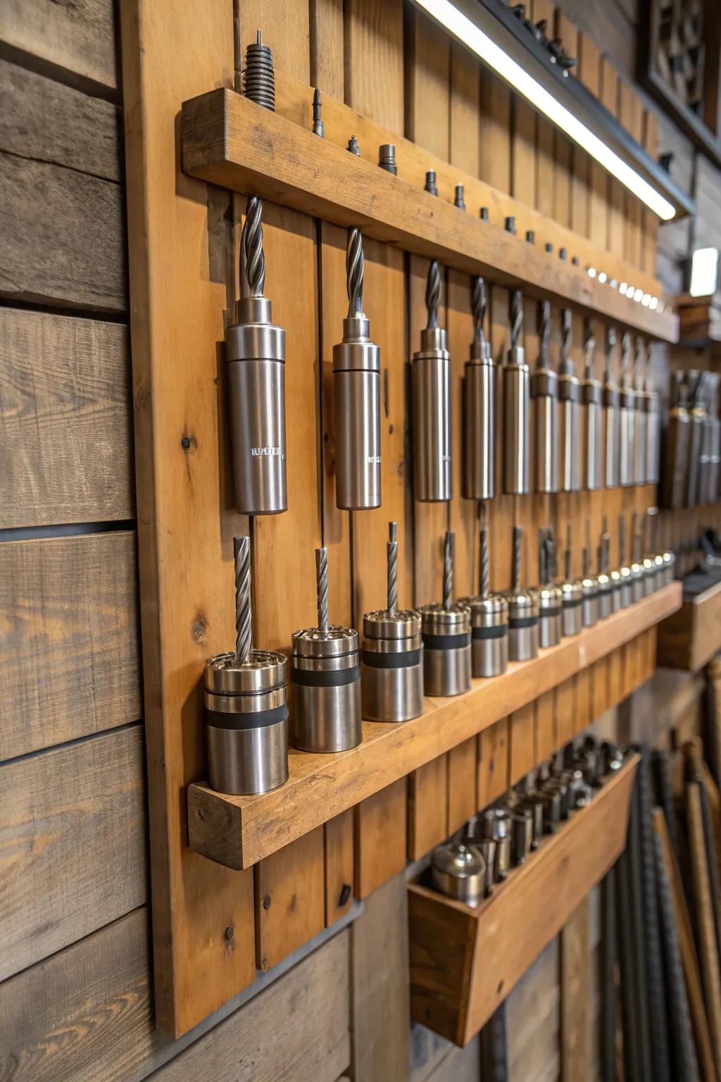 Elevate your workspace with industrial charm: Hanging baskets for end mill storage.