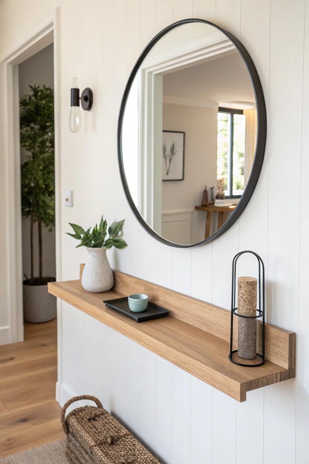 A slim mirror with a tiny ledge creates a console look—perfect for narrow entry halls.