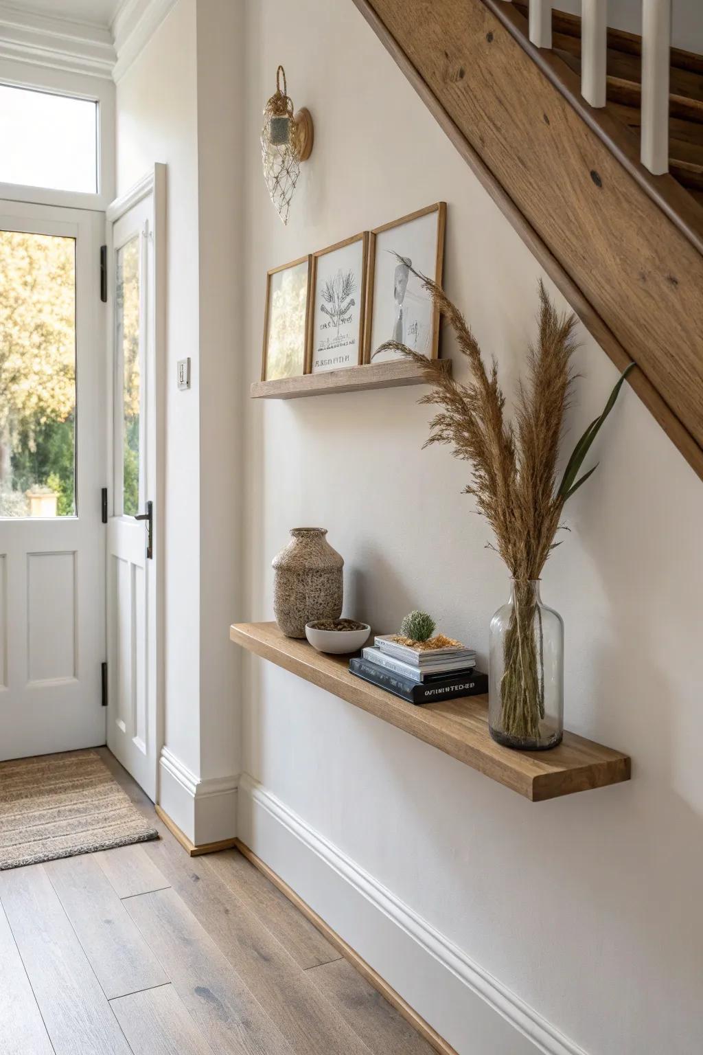 A floating shelf creates a chic mini drop zone for keys—no hallway space sacrificed.