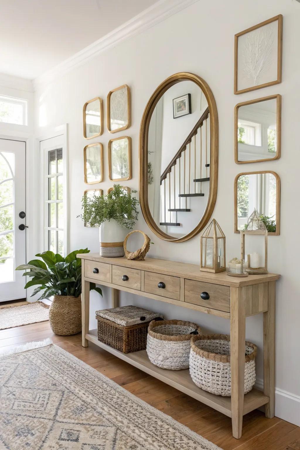 A mirror gallery above a simple oak bench brightens a small entryway with cozy Nordic charm.