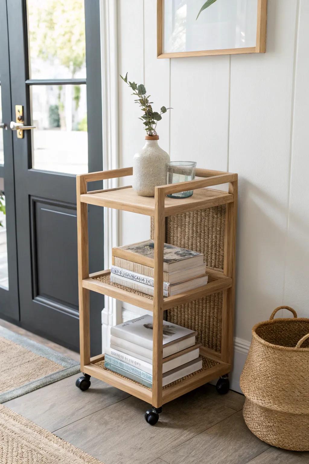 A rolling cart bookshelf that parks by the door—flexible storage that moves with your entryway.