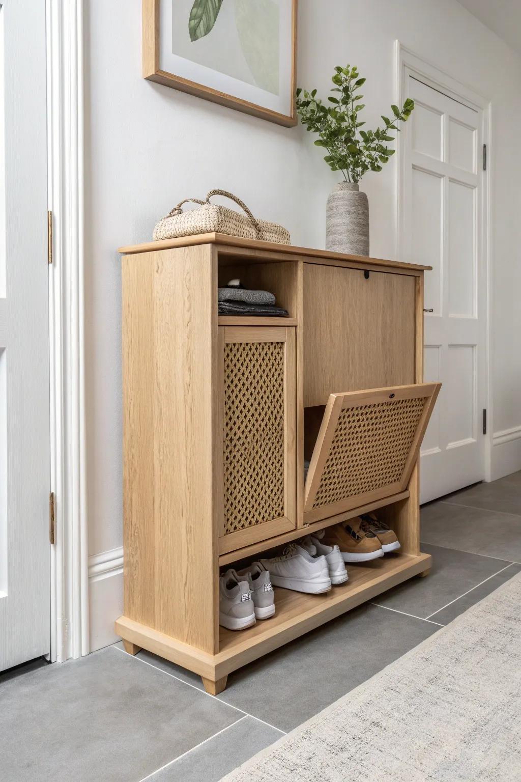 A slim tilt-out shoe cabinet that hides pairs neatly—perfect for the narrowest entryway.