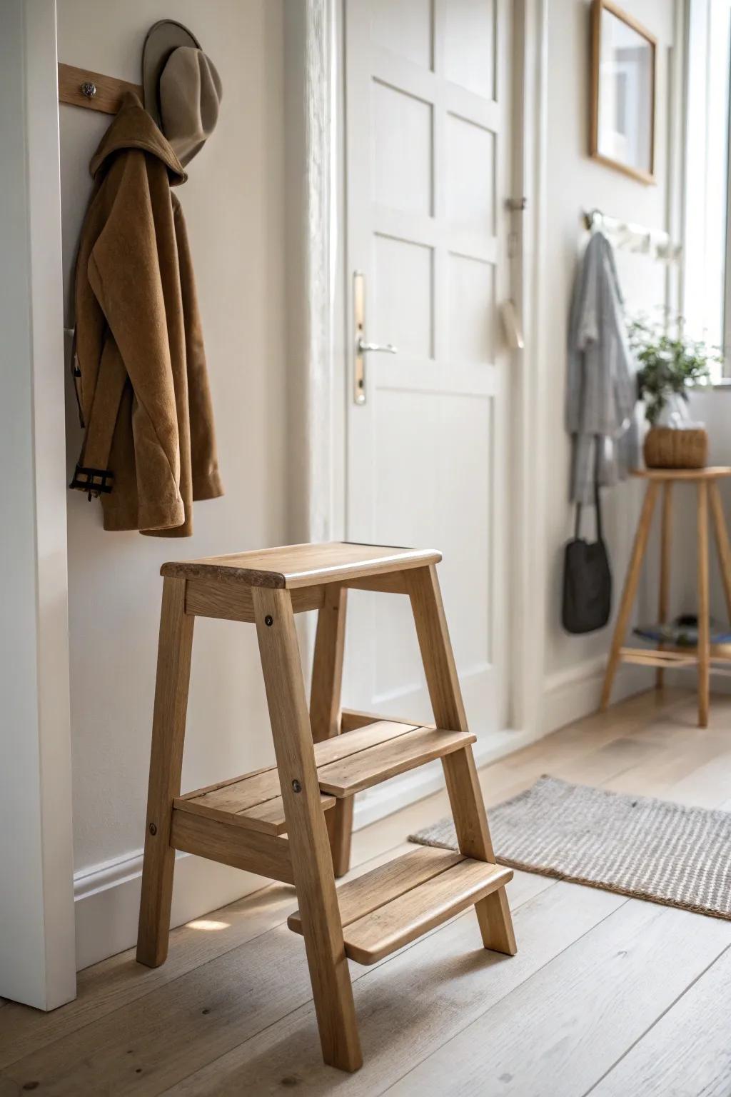 A slim wooden step stool keeps top-shelf storage easy—minimal, pretty, and practical.