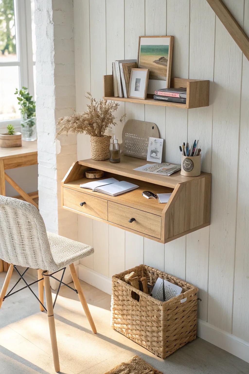 A floating corner desk turns an entryway nook into a chic mail station—simple, calm, contained.