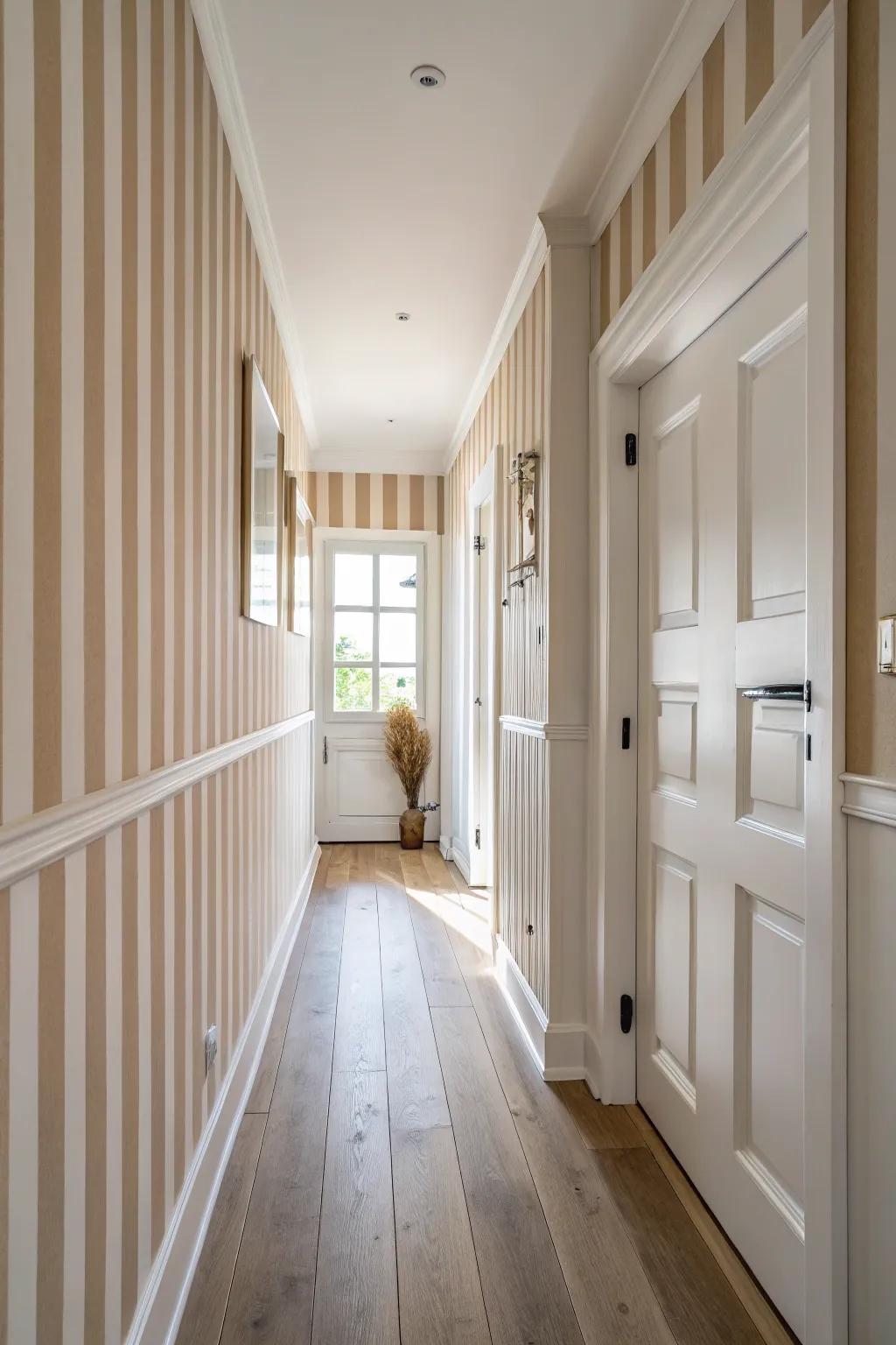 Tone-on-tone striped walls give a narrow entryway playful personality without making it feel smaller.