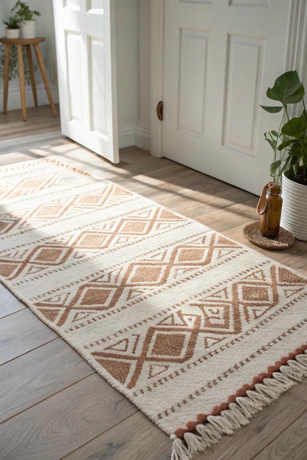 A small area rug instantly “zones” an entryway desk, making it feel like a cozy mini room.