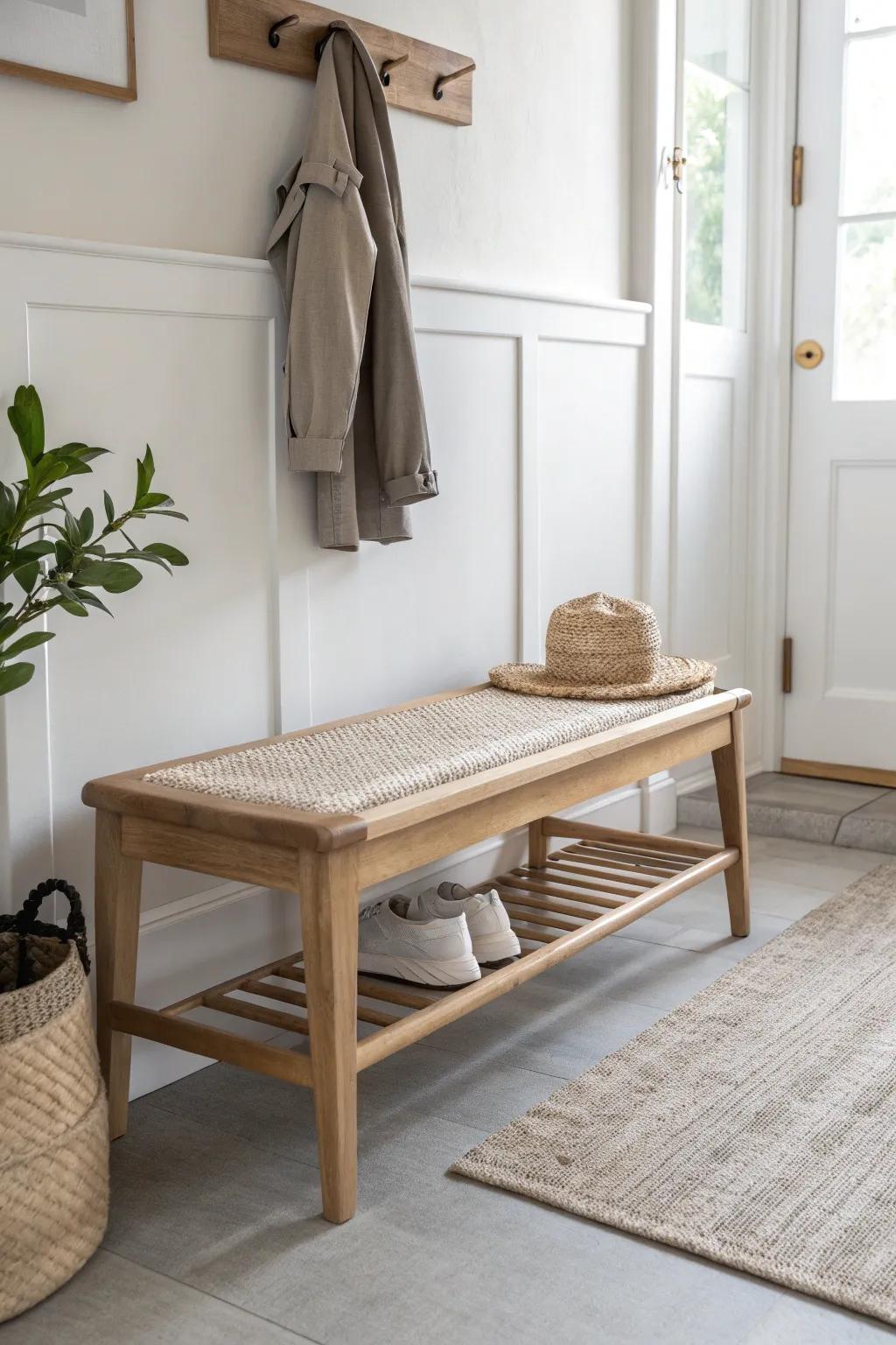A tiny-entry shoe zone: a clean oak bench over a neutral runner for instant mini mudroom vibes.