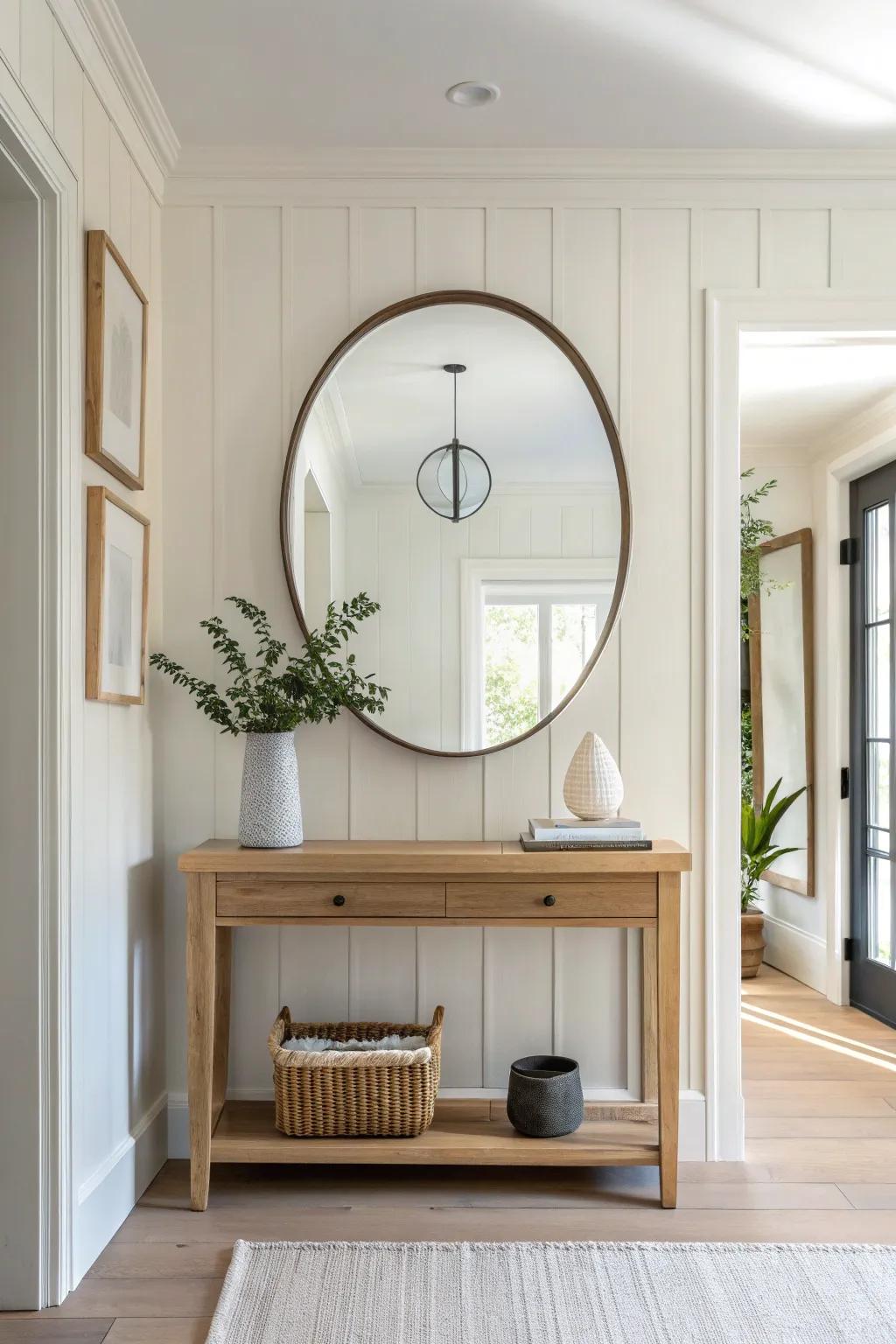 A frameless mirror keeps a tiny entryway calm, bright, and beautifully uncluttered.
