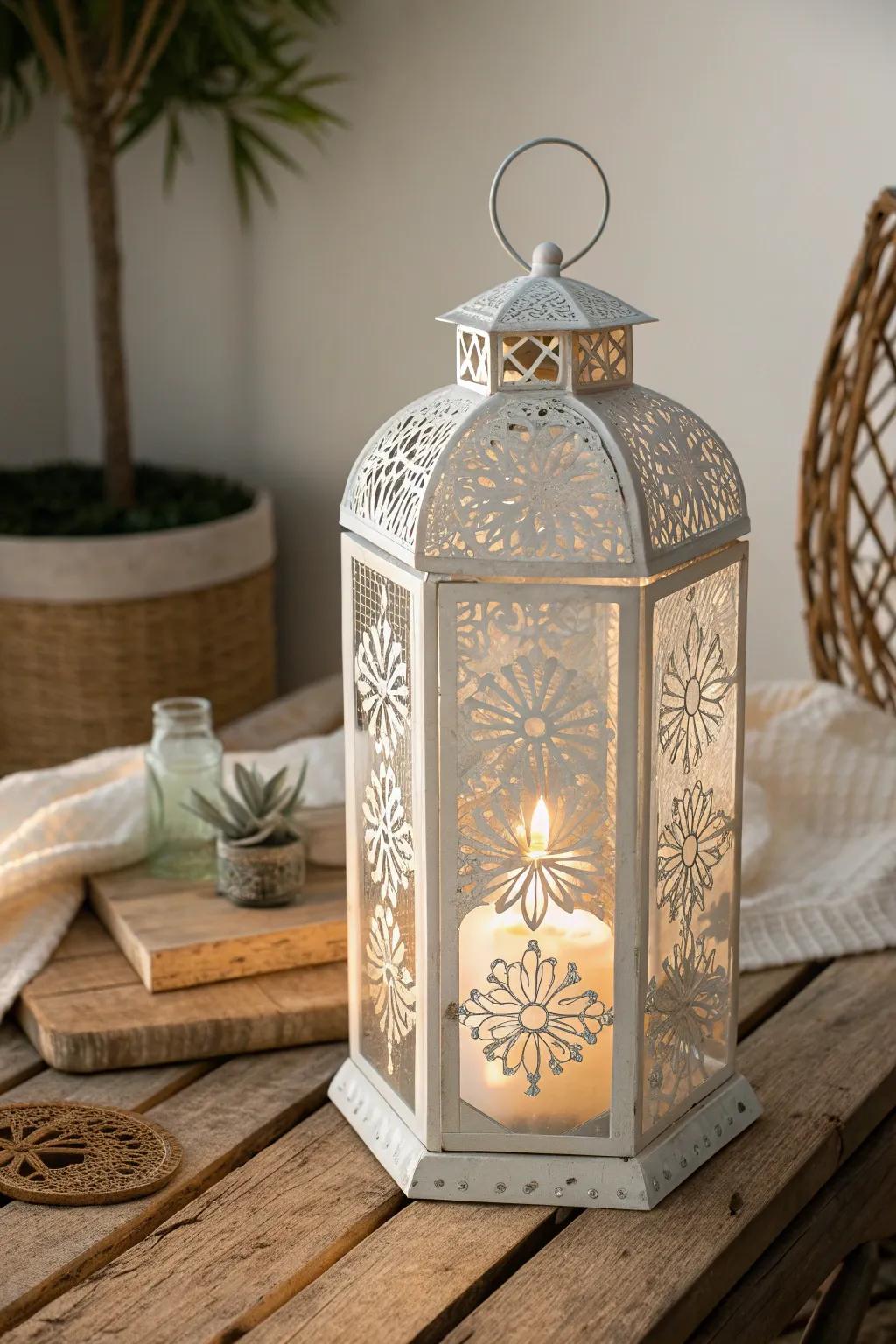 Illuminate your space with the enchanting glow of a laser-etched glass lantern.