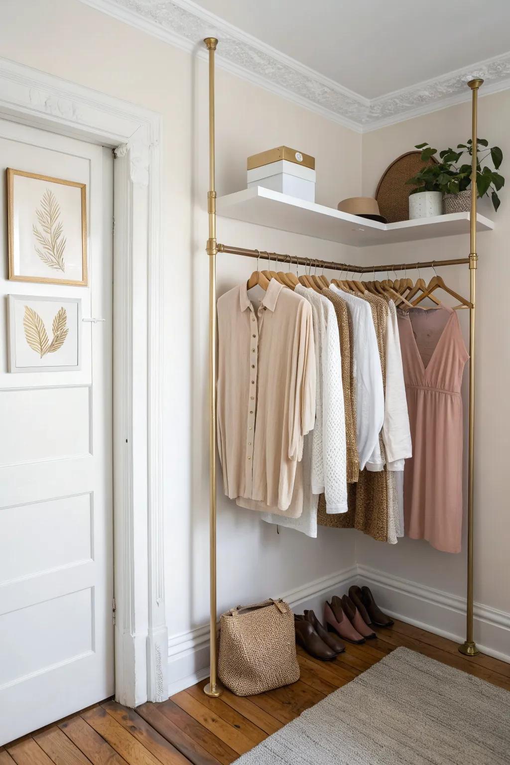 Turn a tight corner into an L-shaped open closet—double the hanging space, still looks curated.