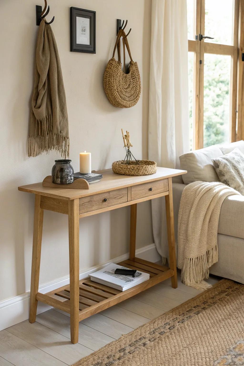 Turn the sofa back into a slim landing strip with a narrow console for keys and chargers.