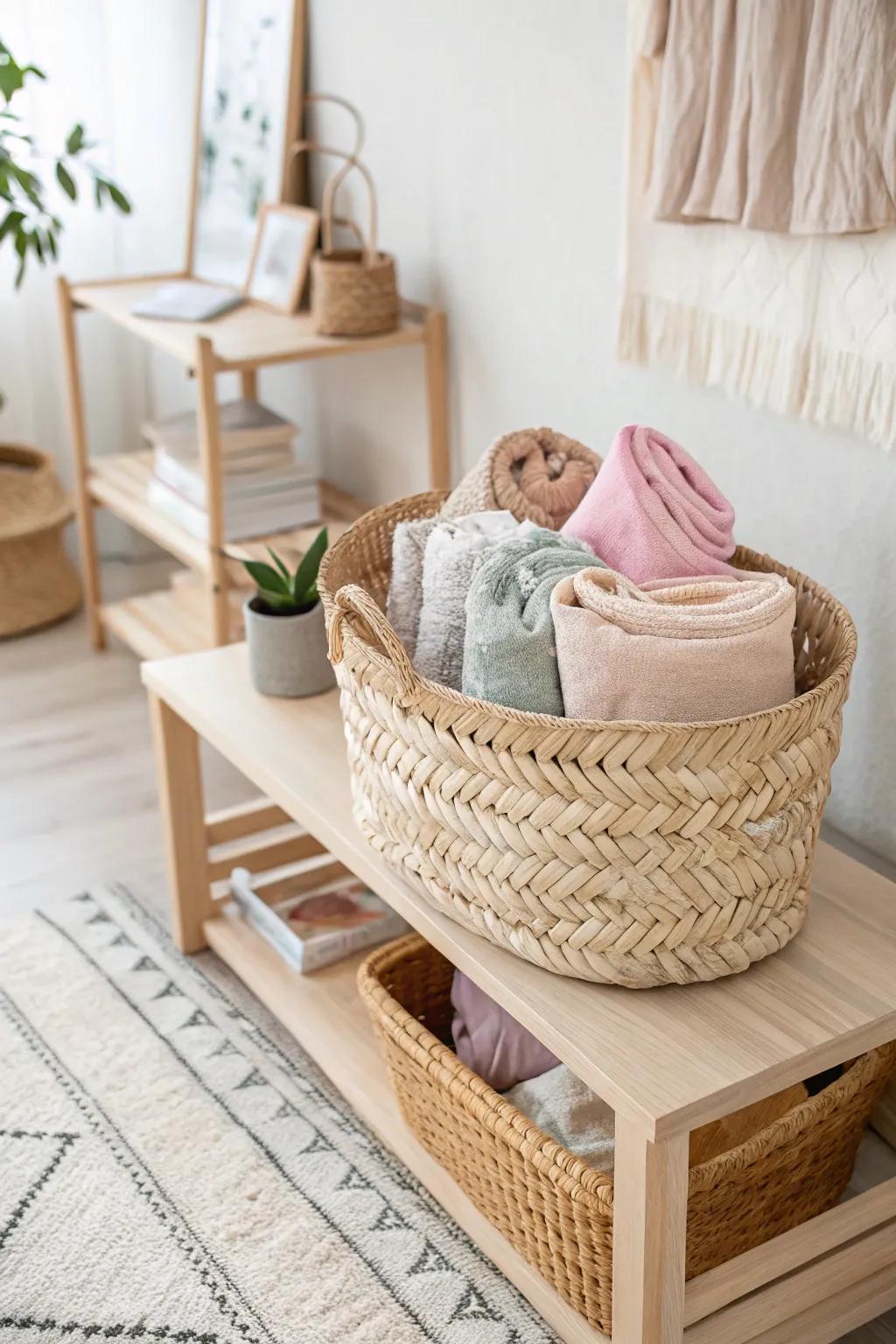 Elevate your fabric storage with chic, decorative baskets that seamlessly blend into your minimalist decor.