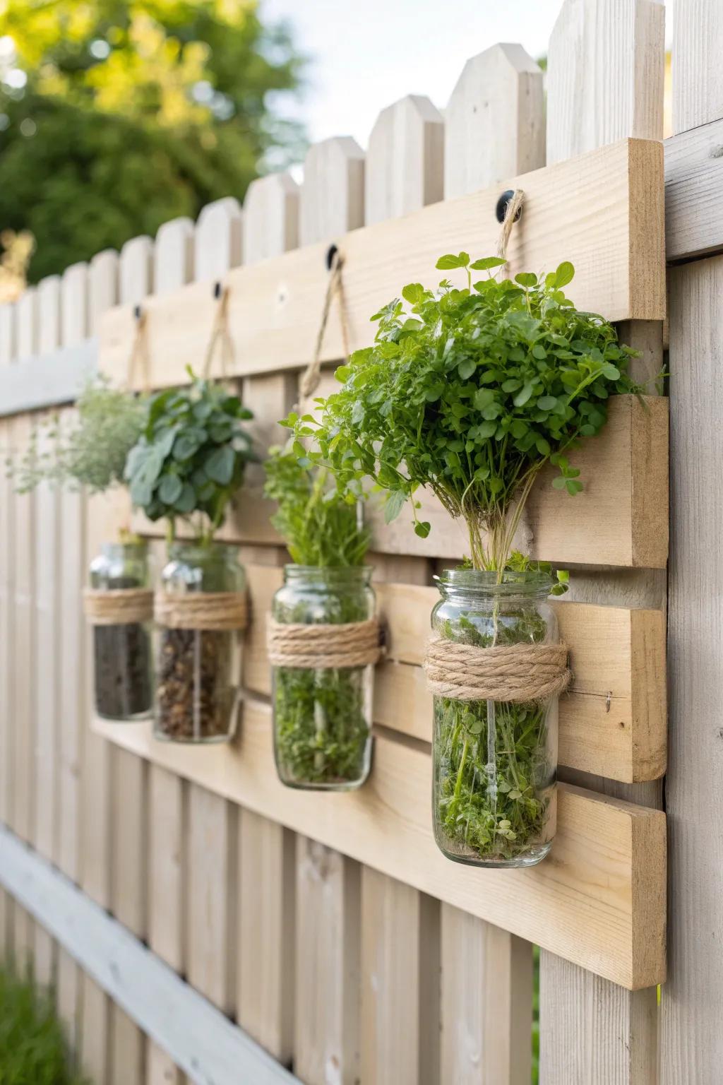 Embrace rustic charm with a DIY Mason Jar Herb Wall for your garden.