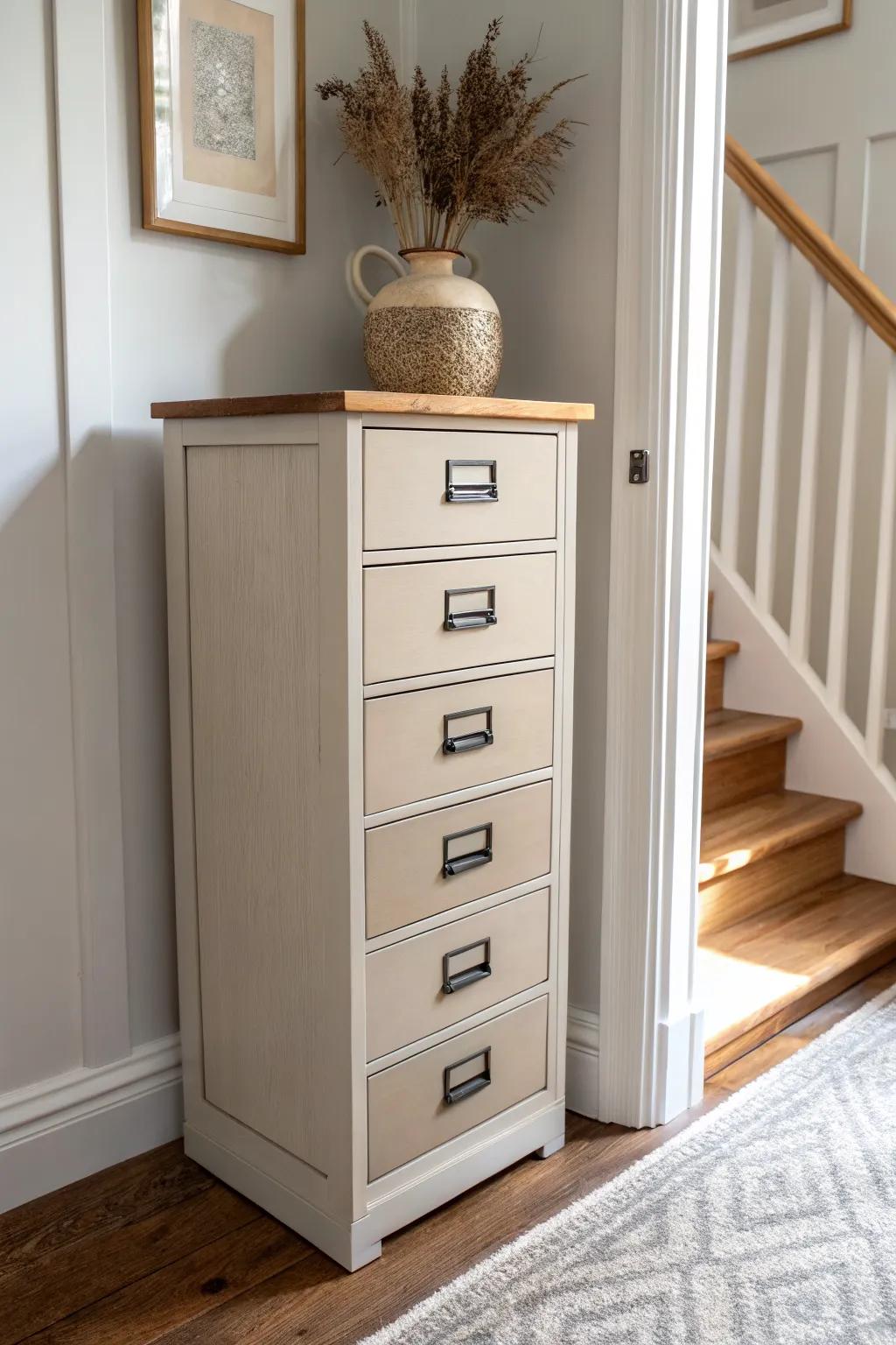 Picture-frame trim turns a plain file cabinet into a custom-looking raised-panel mini dresser.