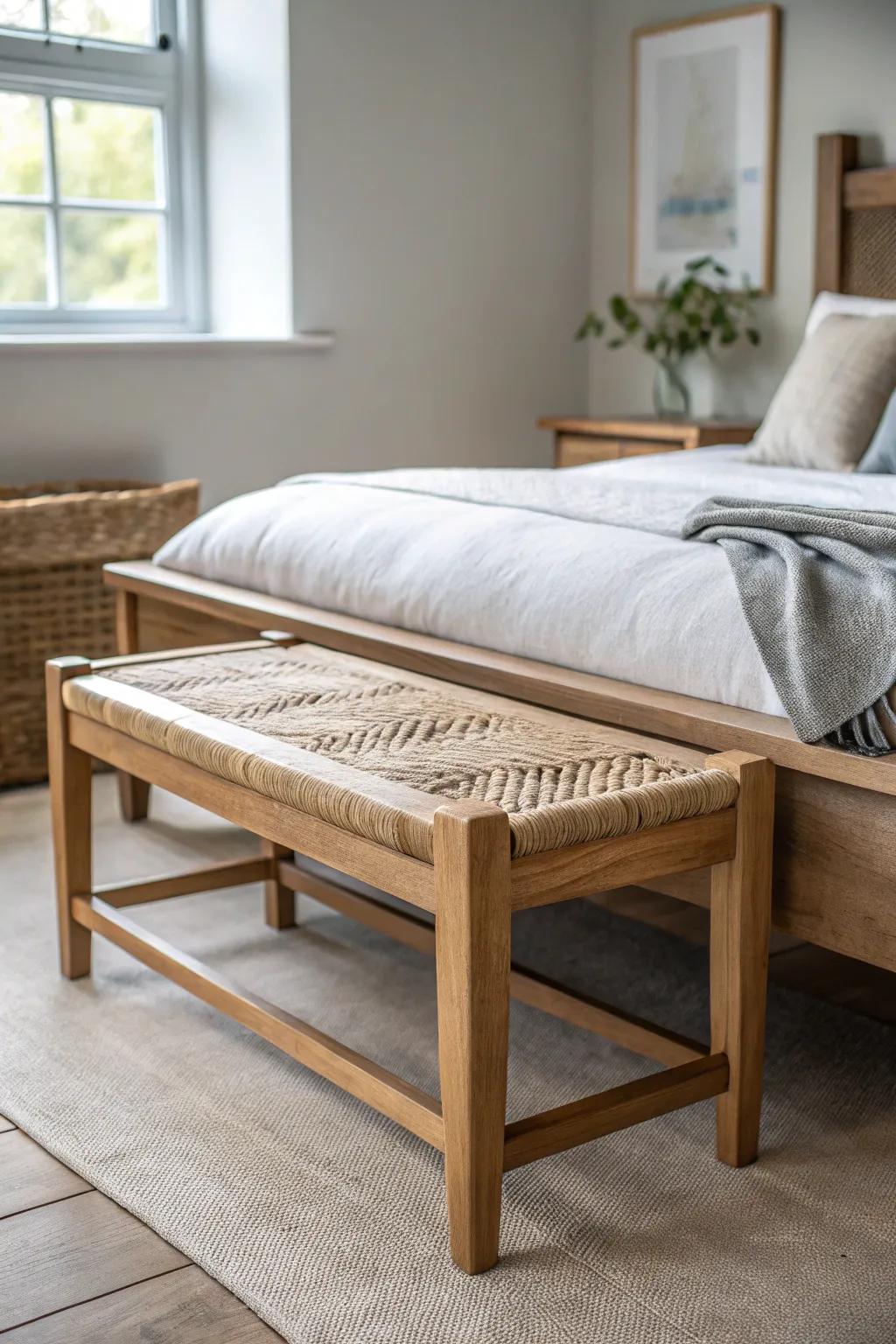 A slim oak bed bench adds flexible seating and a tidy landing spot at the foot of the bed.