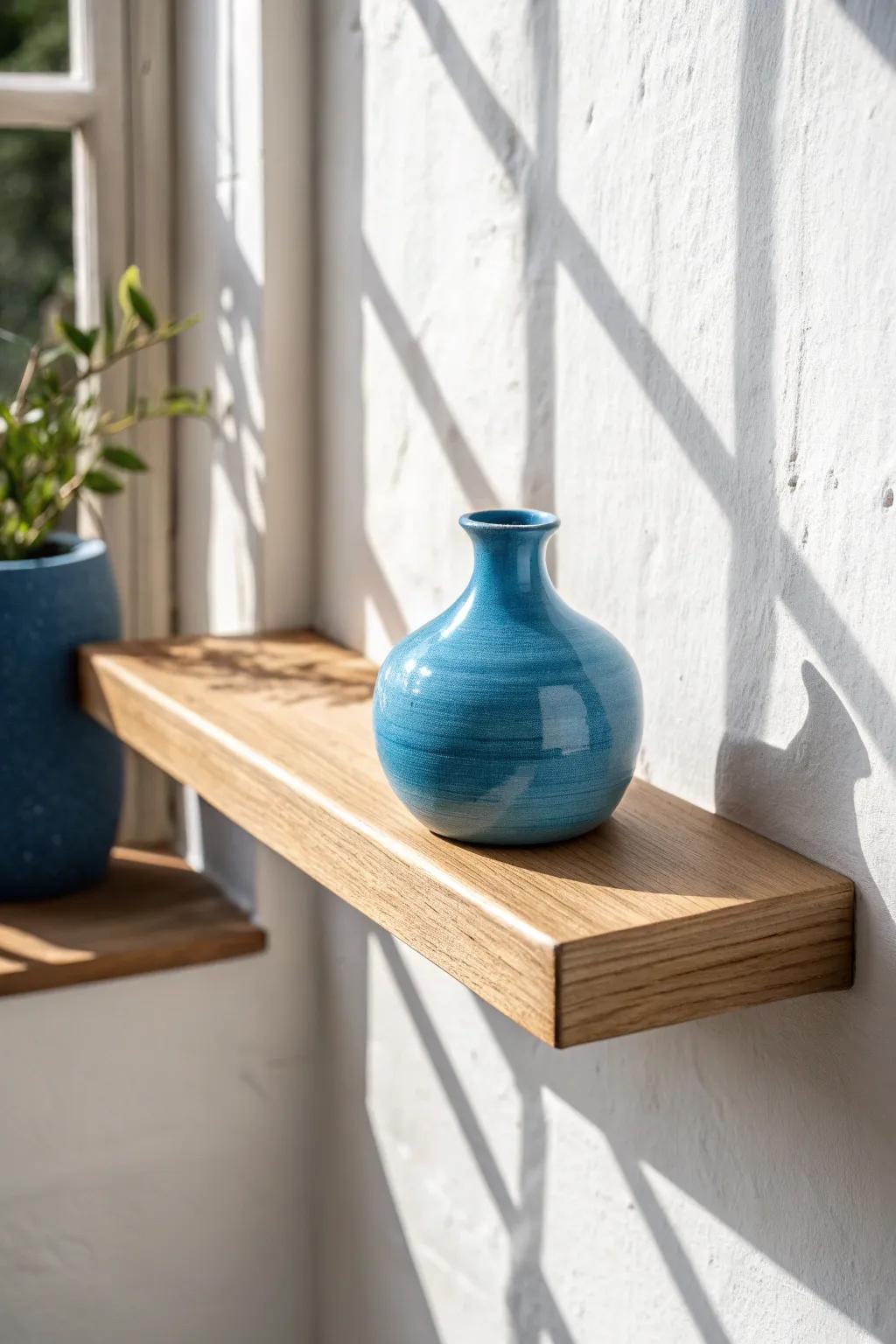 Make one shelf your color-pop moment with a handcrafted cobalt vase on pale oak.