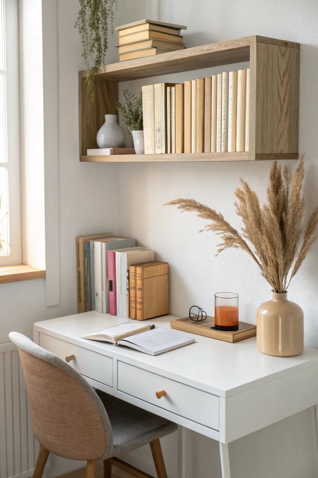 Turn one floating shelf into a tidy mini library wall—perfect storage for small desks.