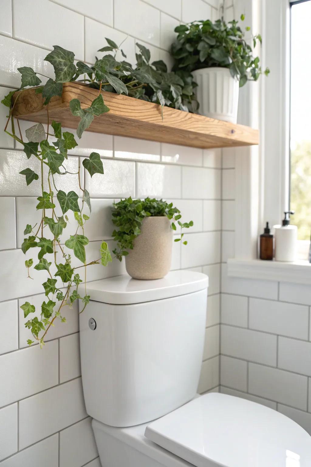 A single oak floating shelf with trailing greenery brings spa-like softness above the toilet.