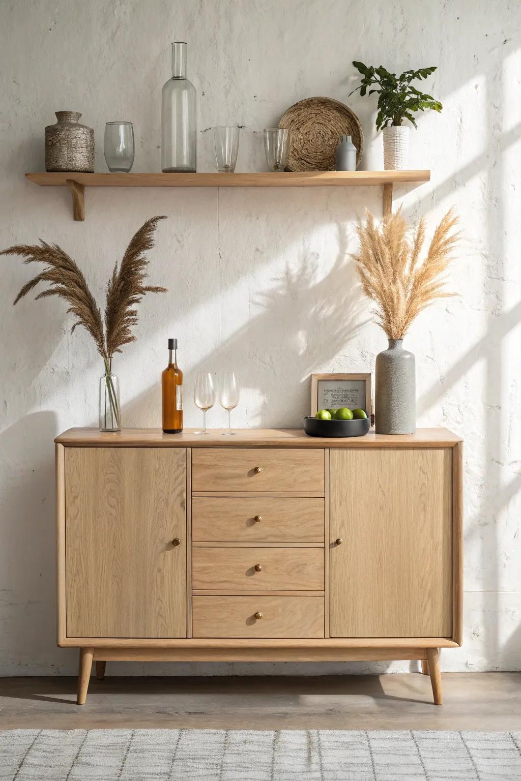 Slim buffet + floating shelves: a chic, space-saving bar that hides clutter and shows off glassware.