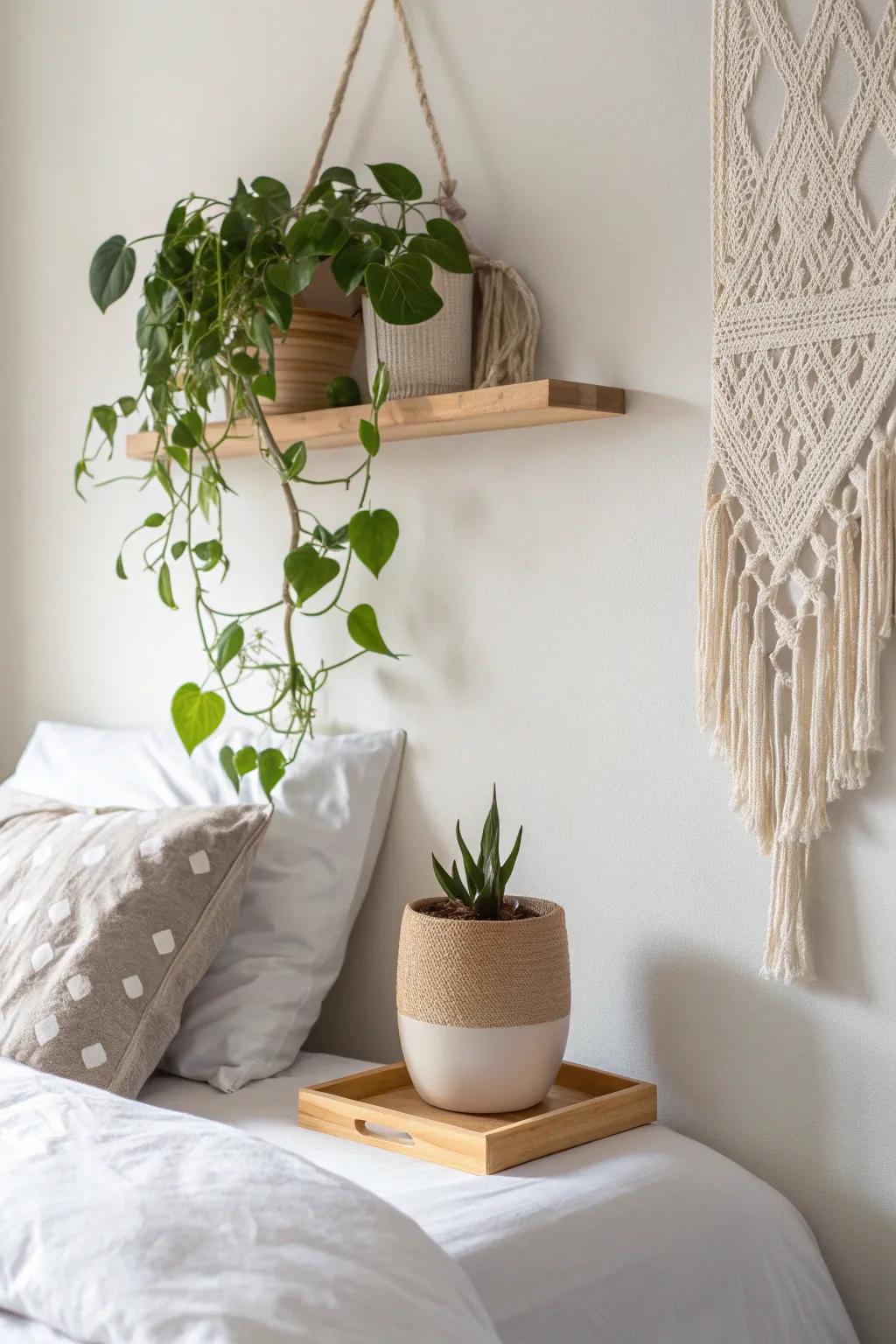 Floating plant shelf above the bed—lightweight pot and trailing greenery for instant cozy calm.