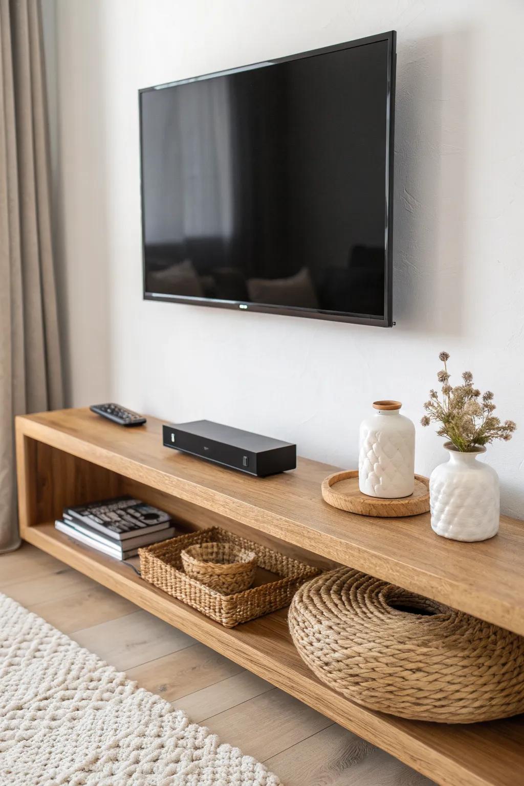 A floating shelf below the TV that hides cords beautifully—styled with a simple woven tray.