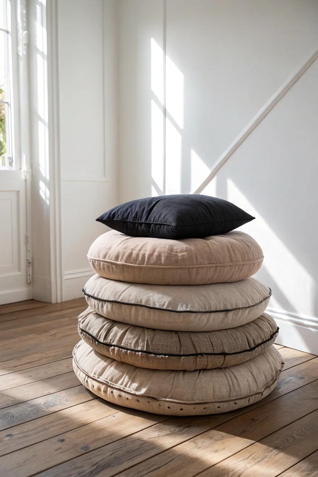 A soft bed of cushions: Scandinavian-minimal floor lounge that turns small spaces into cozy nests.