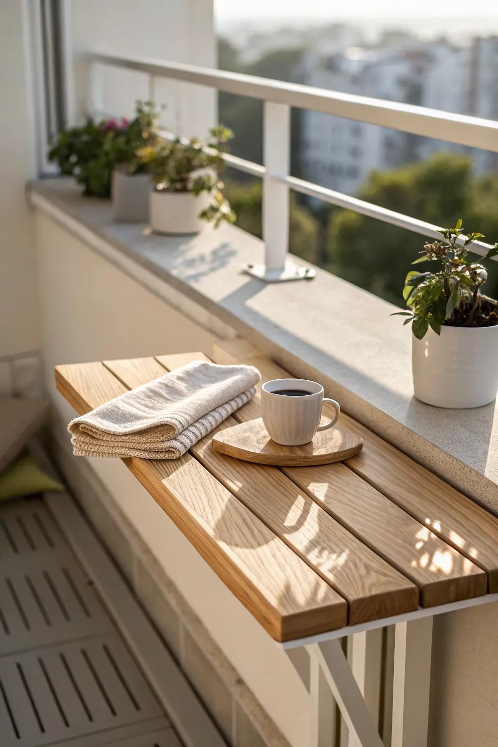 A foldable balcony table creates a sunny coffee spot—no floor space needed, just calm minimal style.