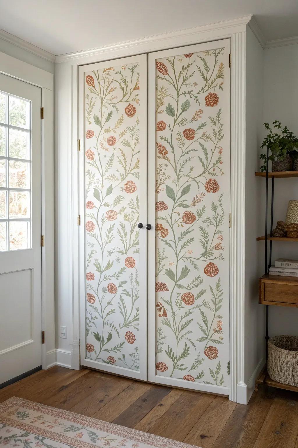 Removable wallpaper turns plain folding closet doors into a renter‑friendly statement wall.
