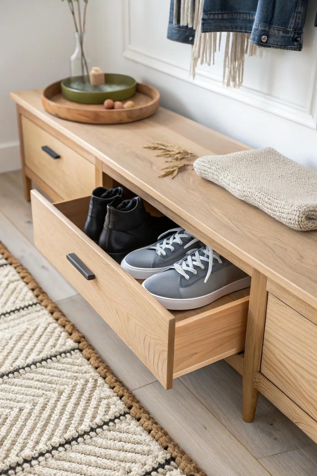 A hidden toe-kick drawer keeps everyday shoes out of sight—perfect for a small entryway.