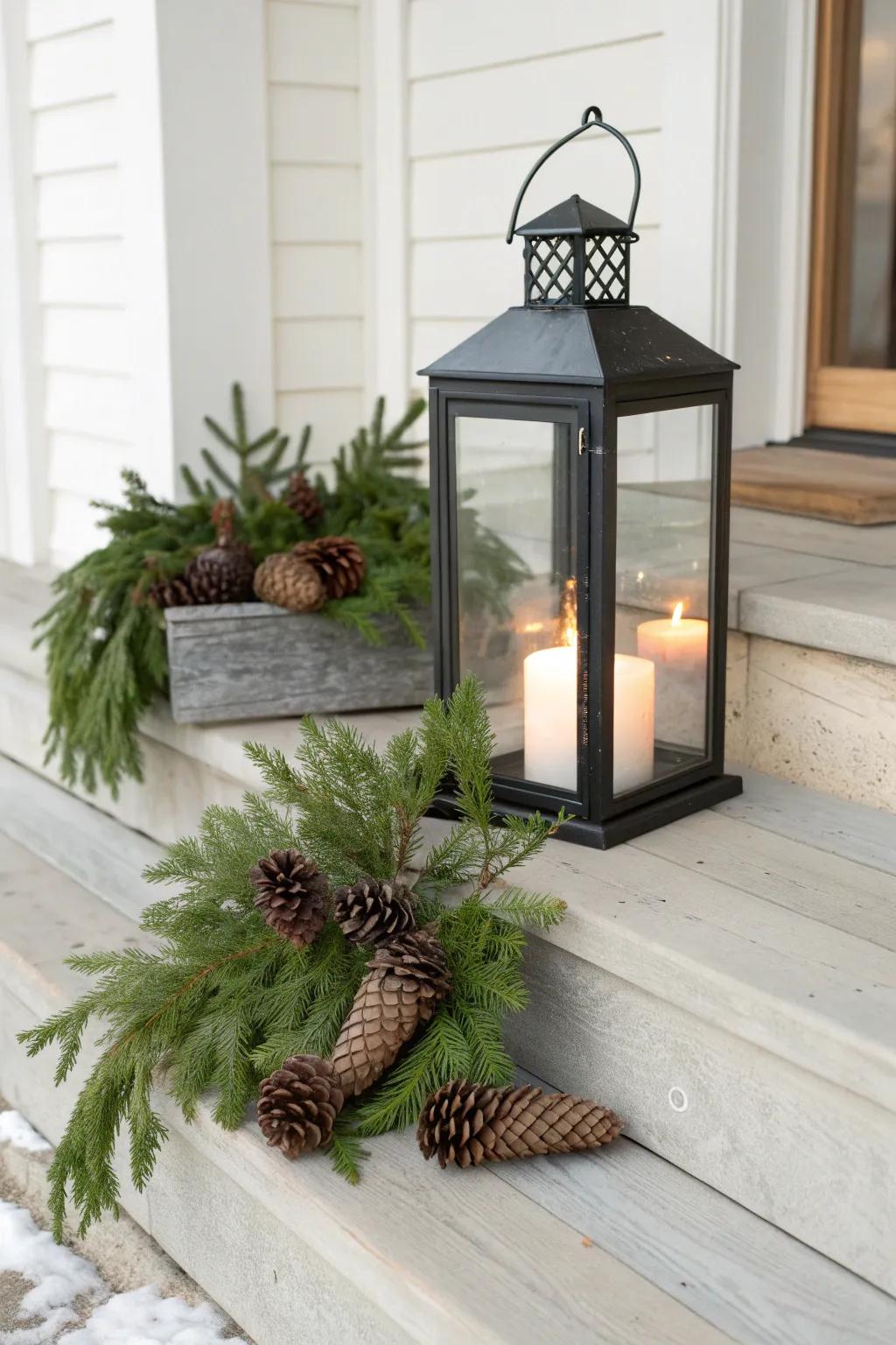 A single lantern, warmly lit and nestled in evergreens—winter porch layers made simple.