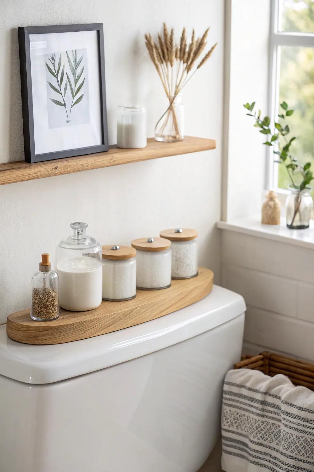 A slim shelf + matching jars turns bathroom essentials into a chic little display moment.